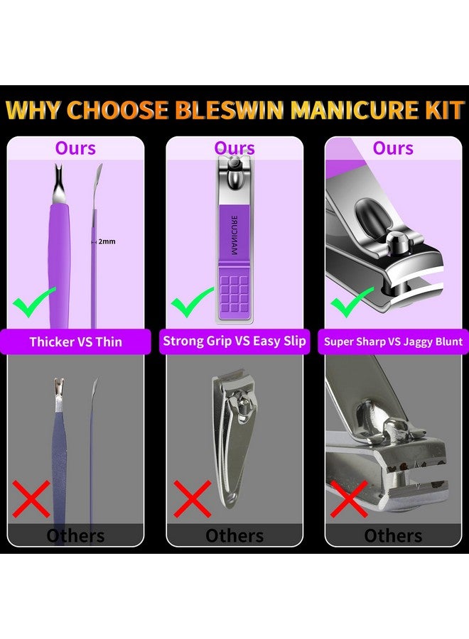 BLESWIN Manicure Set 16Pcs Professional Stainless Steel Pedicure Kit Mens Grooming Kit Fingernail & Toenail Clippers Set Manicure Kit With Luxurious Travel Bag Sharp Nail Scissors And Clipper (Purple) - Image 5