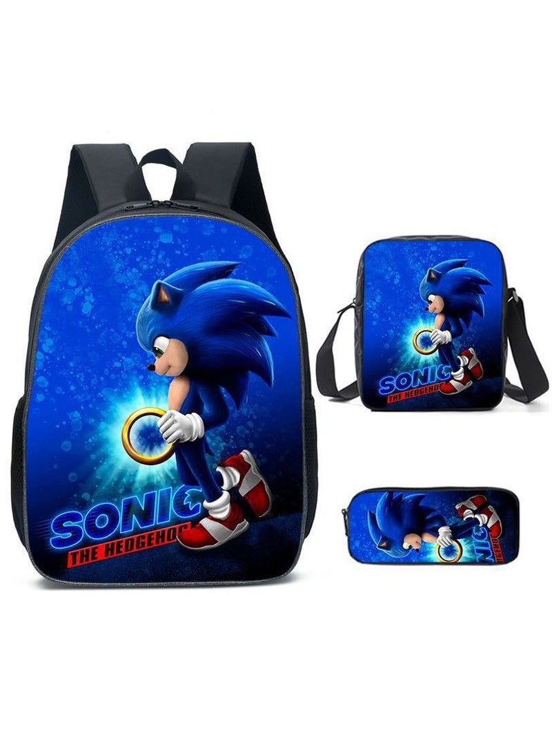Sonic student large capacity backpack three piece set, anime cartoon backpack, shoulder bag pen bag