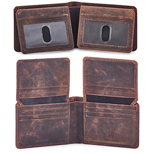 Cochoa Mens Wallet Real Leather Bifold RFID Blocking High Capacity Card Case with 2 ID Window in Gift Box (Crazy Horse, Cognac) - Image 1