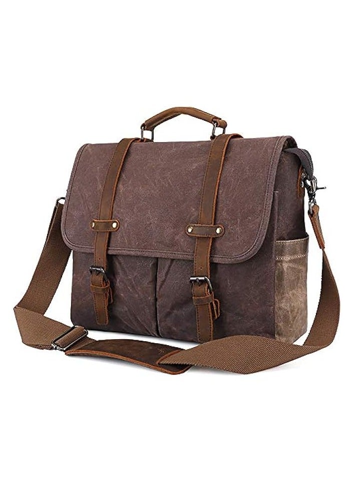 PROMASS Mens Messenger Bag 15.6 Inch Waterproof Vintage Genuine Leather Waxed Canvas Briefcase Large Satchel Shoulder Bag Rugged Leather Computer Laptop Bag  - Image 1