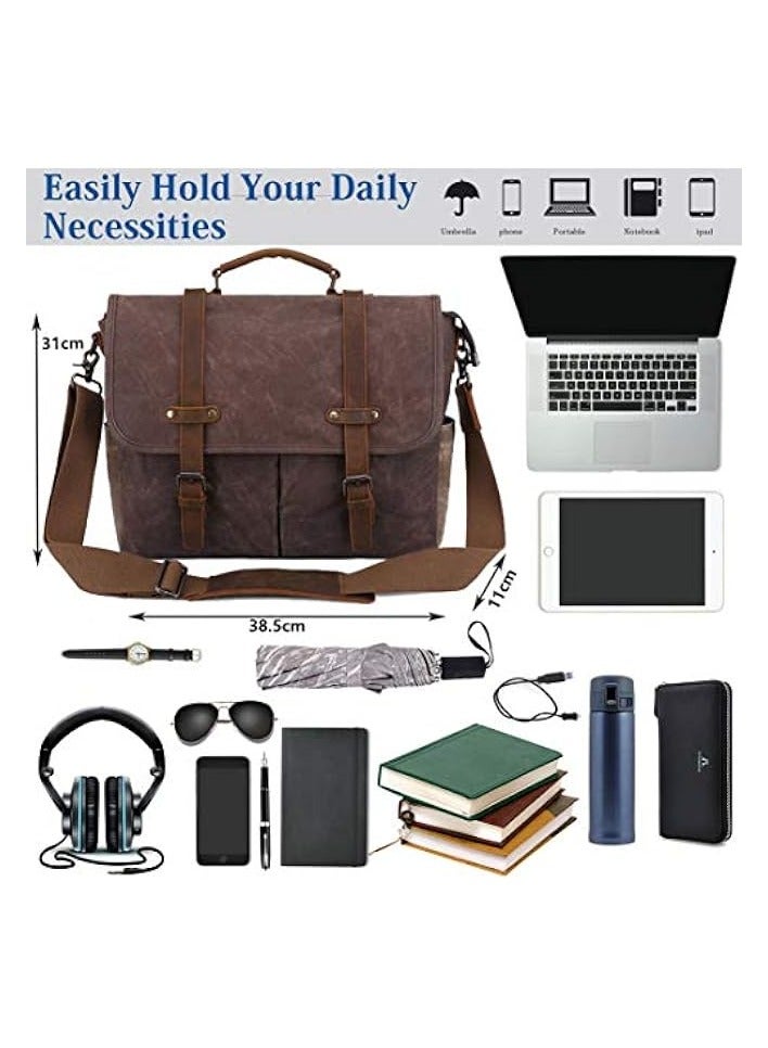 PROMASS Mens Messenger Bag 15.6 Inch Waterproof Vintage Genuine Leather Waxed Canvas Briefcase Large Satchel Shoulder Bag Rugged Leather Computer Laptop Bag  - Image 3