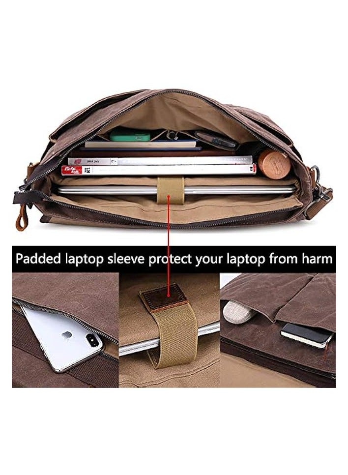 PROMASS Mens Messenger Bag 15.6 Inch Waterproof Vintage Genuine Leather Waxed Canvas Briefcase Large Satchel Shoulder Bag Rugged Leather Computer Laptop Bag  - Image 4