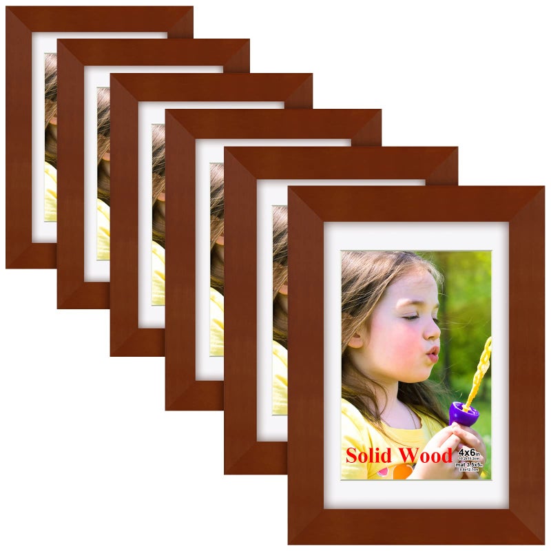 RR Round Rich Design 4 × 6 بوصة إطارات صور مصنوعة من الخشب الصلب والزجاج HD صور 3.5x5 مع حصيرة أو 4x6 بدون حصيرة 6pk بنية - Image 1