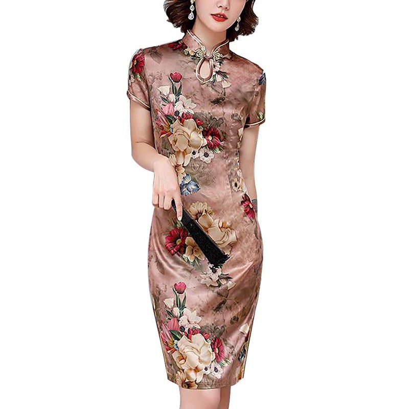 StarDY Vintage Floral Print Midi Cheongsam Qipao Dress Mandarin Collar Keyhole Short Sleeve Chinese Style Party Dress (Rose Gold, L) - Image 1