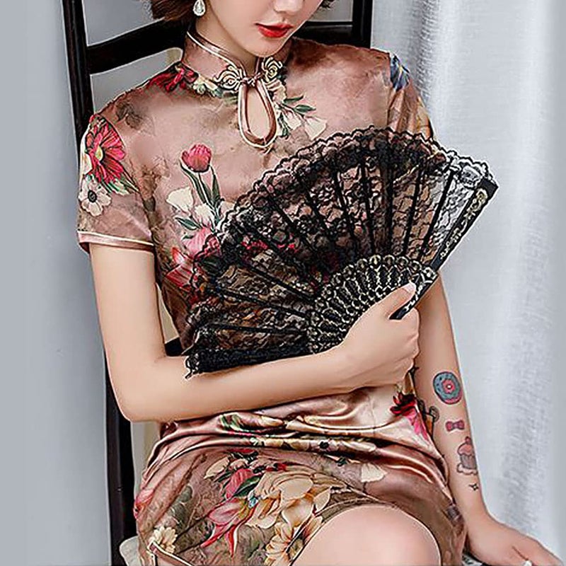 StarDY Vintage Floral Print Midi Cheongsam Qipao Dress Mandarin Collar Keyhole Short Sleeve Chinese Style Party Dress (Rose Gold, L) - Image 2