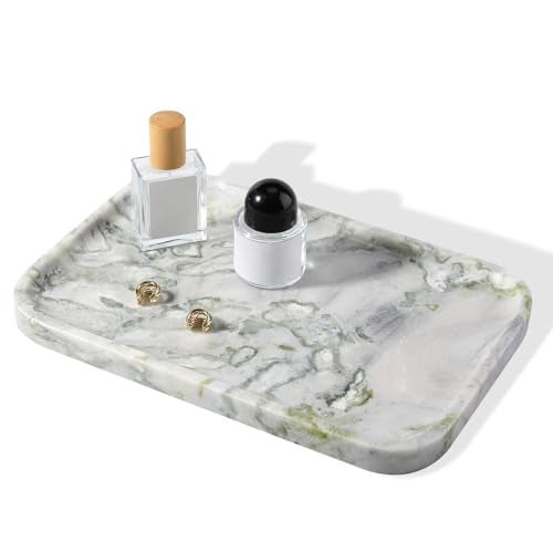 Karibiber Luxury Marble Vanity Tray, Bathroom Tray Countertop, Bianco Marble/Stone, Home Decorative Dresser Organizer, Storage for Kitchen Sink, Perfume Jewelry Holder(Green&White) - Image 1