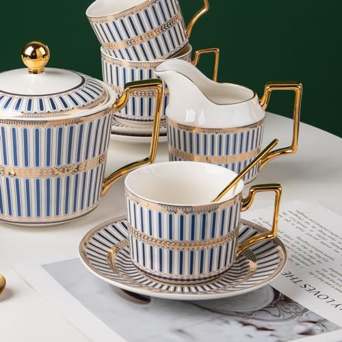 CwlwGO-Bone China Blue And White Tea Cup Sets,Ceramic Cup and Saucer Service for 4,Elegance Afternoon teapot and cup Set,Tea Sets for Women, Tea Cups and Saucer Set for Adults. - Image 3