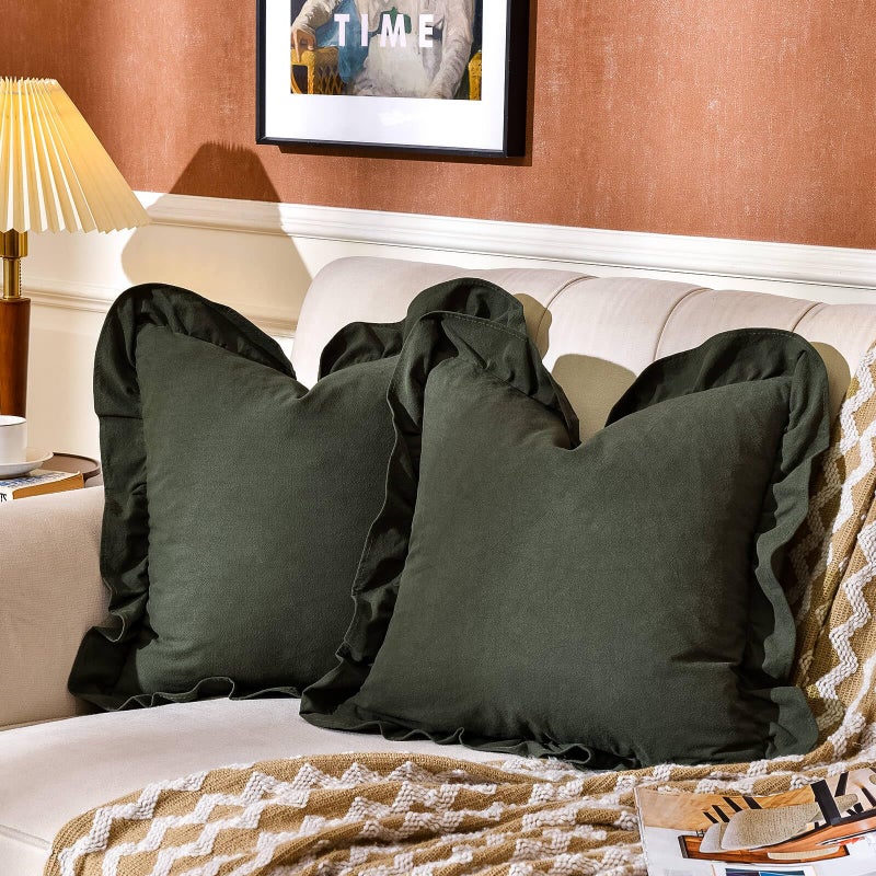 AmHoo Pack of 2 Throw Pillow Covers 100 Cotton Pre Washed Ruffle Decorative Pillowcase Cushion for Couch Sofa Bedroom 24 x 24Inch Green - Image 2