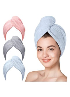 Fanski Microfiber Hair Towel, 3 Packs Hair Turbans for Wet Hair, Drying Hair Wrap Towels for Curly Hair Women Anti Frizz (Blue,Grey,Pink)  - Image 1