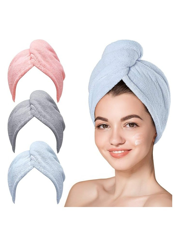 Fanski Microfiber Hair Towel, 3 Packs Hair Turbans for Wet Hair, Drying Hair Wrap Towels for Curly Hair Women Anti Frizz (Blue,Grey,Pink) - Image 1