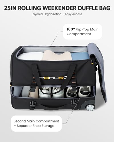 Ponhog 25 Inch Duffle Bag with Wheels and Handle for Men - Water Resistant Wheeled Duffle Bag for Weekend Travel & Overnight Trips, Black - Image 2
