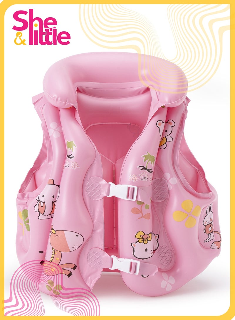 She&Little Children's Inflatable Swimming Vest, Cartoon Printed Safety Floating Water Jacket with Neck Support and Adjustable Buckle, Suitable for Toddlers 5-7 Years  (Pink)  - Image 1