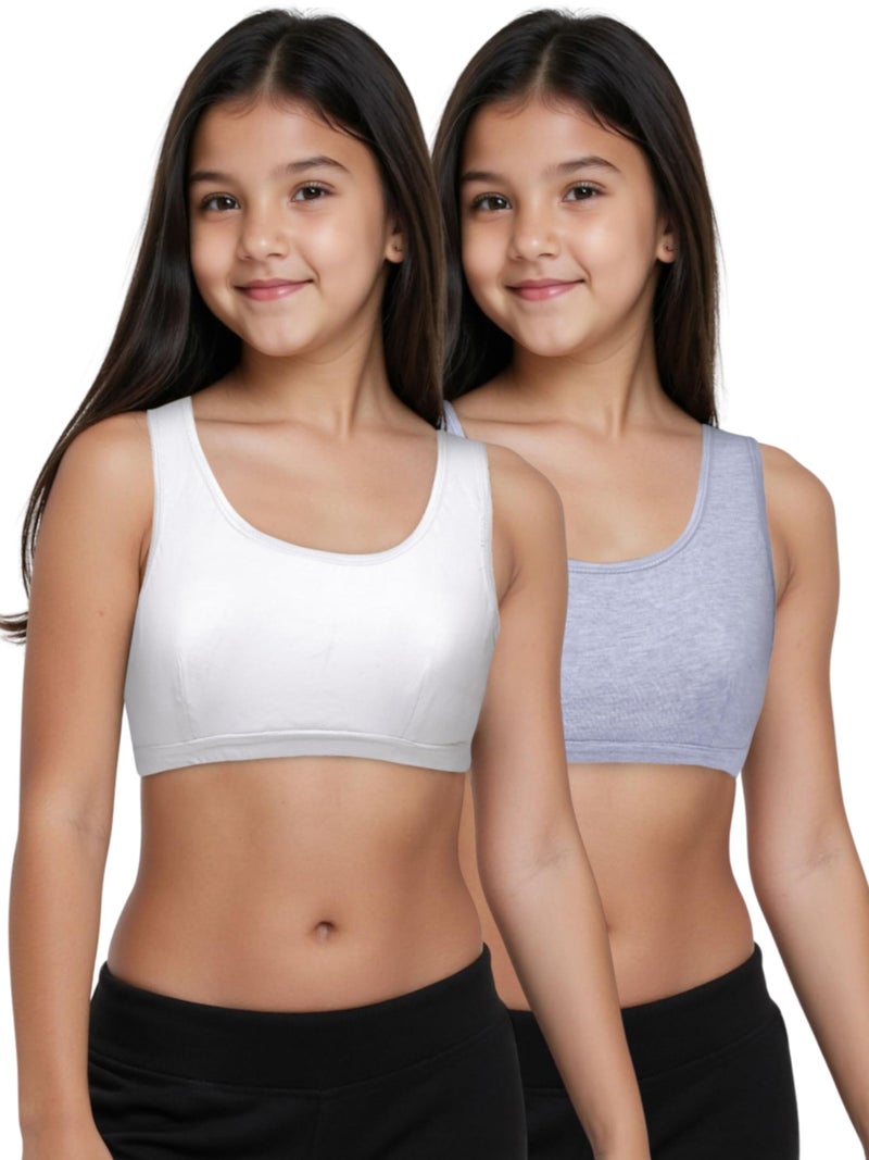 DChica Essentials Sports Bra for Girls, Cotton Non-Padded Full Coverage Beginners Non-Wired T-Shirt Gym Workout Bras with Regular Broad Strap, Training Activewear for Teenager Kids (Pack of 2) - Image 1