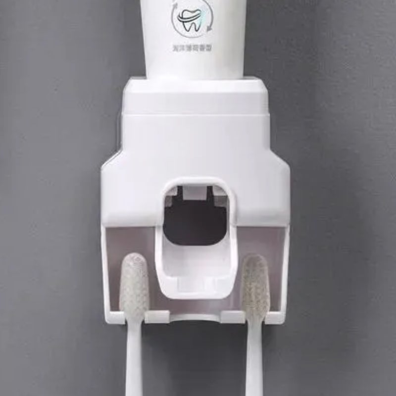 Toothpaste Dispenser with Integrated Toothbrush Holder 1pcs Plastic Silicone 7.5*10*6 cm Waterproof Durable ABS Material No Drilling Installation Strong Adhesive Strips 10 Pounds Capacity Home Bathroom Kitchen Use - Image 1