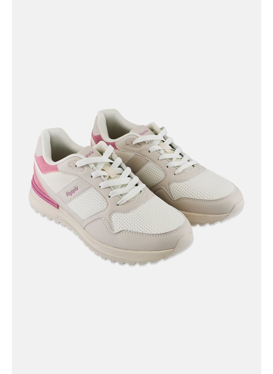 Algspar Women Brand Logo Lace Up Casual Shoes, Light Beige  - Image 1