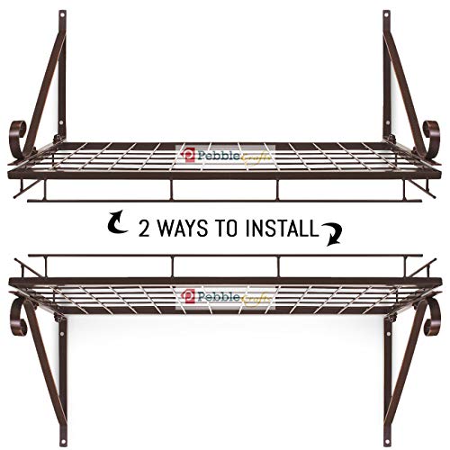 PEBBLECRAFTS Wall Mounted Wrought-Iron Multipurpose kitchen counter top organizer storage racks for kitchen Hanging Pots and Pan Rack/Shelf Organizer for Kitchen Cookware, Utensils, Pans, Books, Bathroom 23" X 10" X 9.5" , Black - Image 2