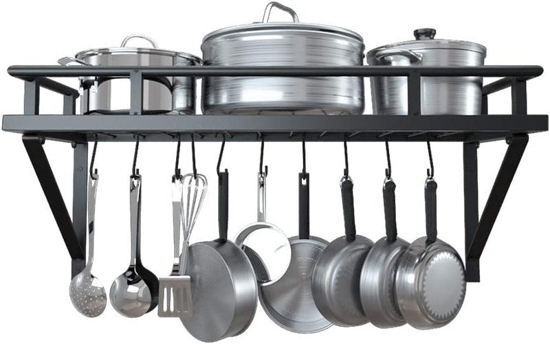 PEBBLECRAFTS Wall Mounted Wrought-Iron Multipurpose kitchen counter top organizer storage racks for kitchen Hanging Pots and Pan Rack/Shelf Organizer for Kitchen Cookware, Utensils, Pans, Books, Bathroom 23" X 10" X 9.5" , Black - Image 1