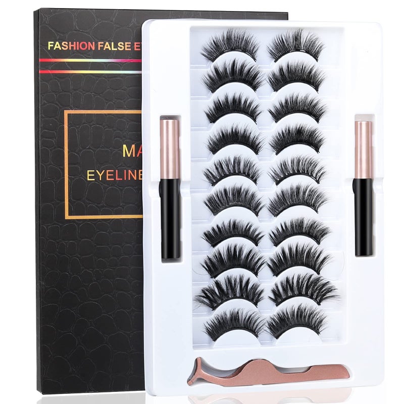 BILEYCHA Upgrade 3D Natural Magnetic Eyelashes,Lightweight Magnetic Eyeliner and Eyelashes Kit, 2 Magnetic Eyeliners- No Glue Needed (10 Pairs) - Image 1