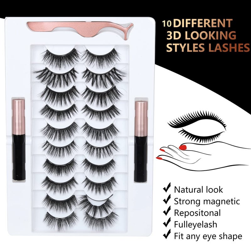 BILEYCHA Upgrade 3D Natural Magnetic Eyelashes,Lightweight Magnetic Eyeliner and Eyelashes Kit, 2 Magnetic Eyeliners- No Glue Needed (10 Pairs) - Image 2