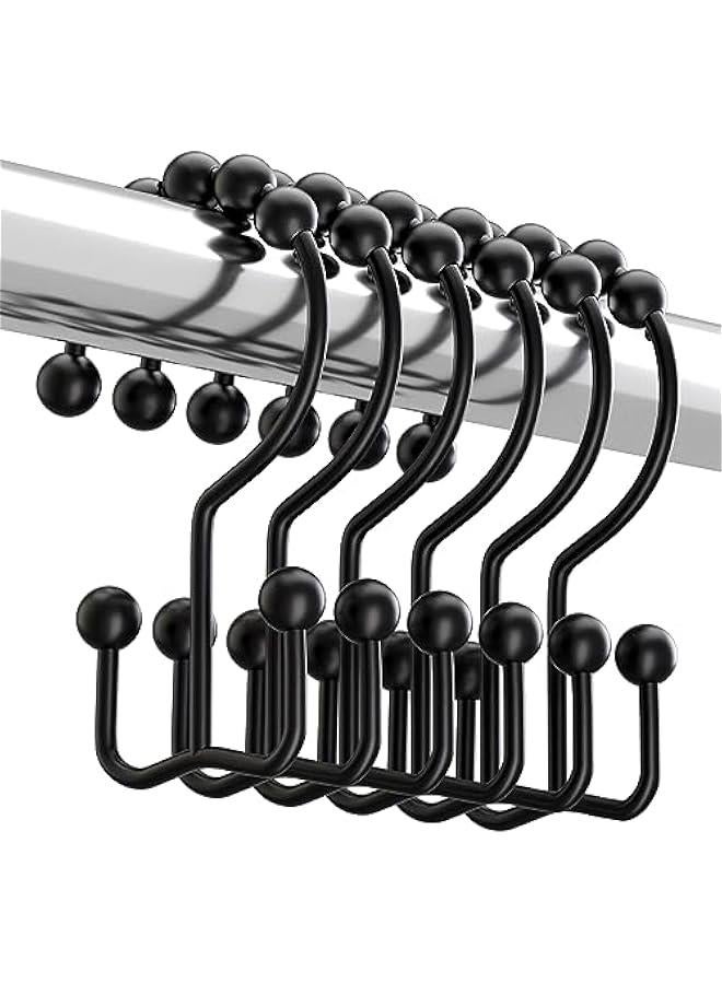 Titanker Black Shower Curtain Hooks Rings, Rust-Resistant Metal Double Glide Shower Hooks for Bathroom Shower Rods Curtains, Set of 12 Hooks - Matte Black - Image 1