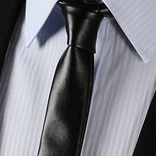 Hello Tie Men's Skinny Tie Handmade PU Leather Black Narrow Necktie - Image 2
