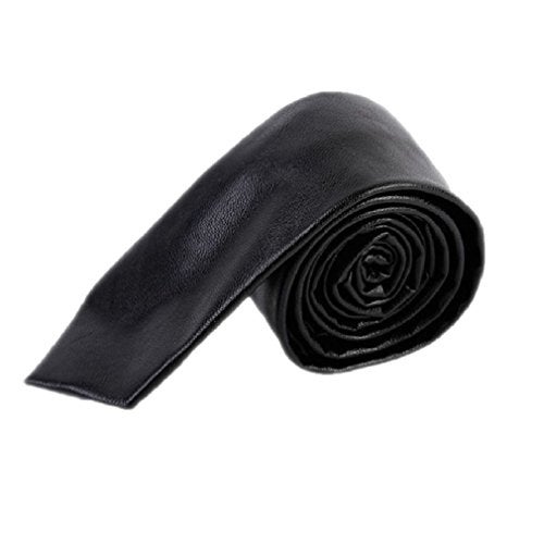 Hello Tie Men's Skinny Tie Handmade PU Leather Black Narrow Necktie - Image 1