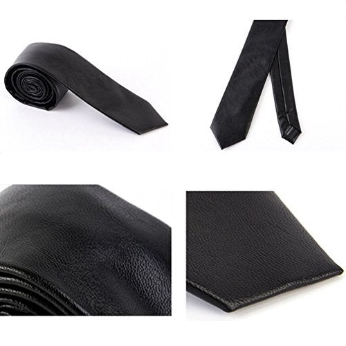 Hello Tie Men's Skinny Tie Handmade PU Leather Black Narrow Necktie - Image 4