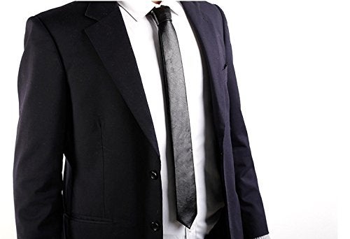 Hello Tie Men's Skinny Tie Handmade PU Leather Black Narrow Necktie - Image 3