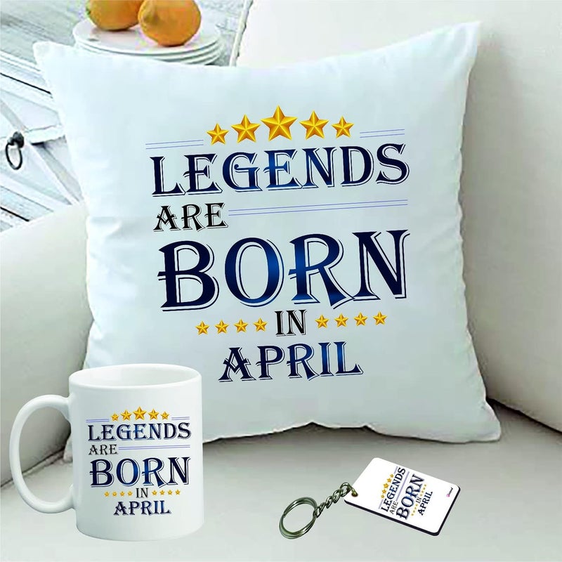 PICRAZEE PICRAZEE Legends are Born in April Happy Birthday Gift Combo Set 1 Printed 12 x 12 Satin Cushion with Filler 1 Coffee Mug 1 Key Ring April CMK - Image 1