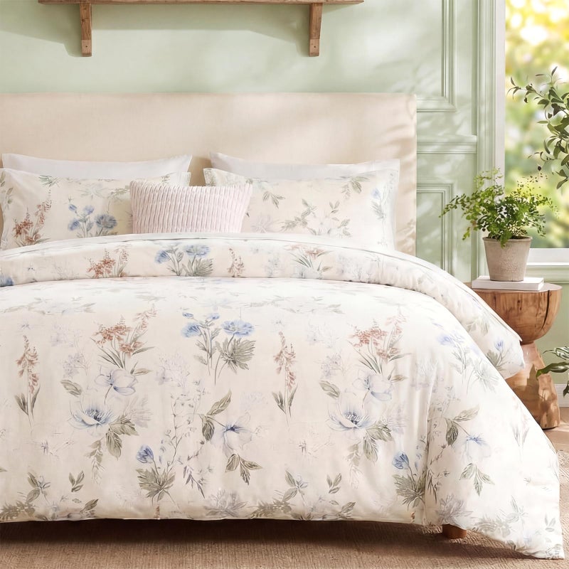 Cozaline Floral Duvet Cover Queen Size 100% Cotton Reversible Duvet Cover Set with Zipper Closure 3 Pieces Soft & Breathable Green Garden Floral Comforter Cover Sets - Image 1