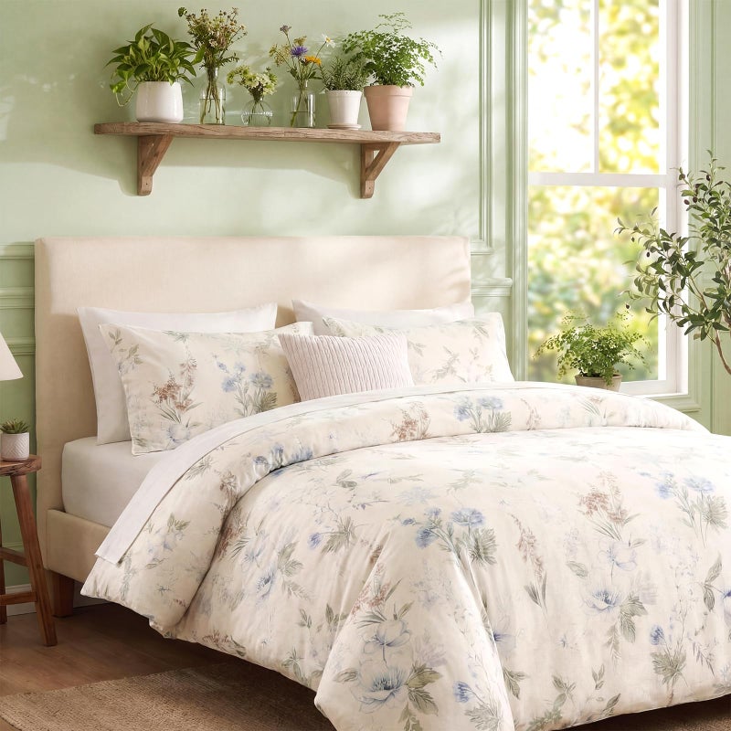 Cozaline Floral Duvet Cover Queen Size 100% Cotton Reversible Duvet Cover Set with Zipper Closure 3 Pieces Soft & Breathable Green Garden Floral Comforter Cover Sets - Image 2