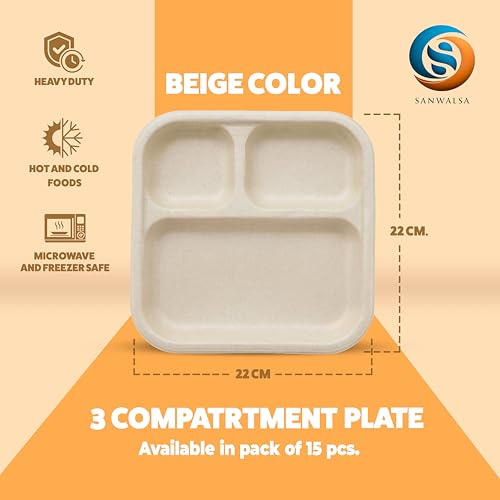 SANWALSA [3-Compartment, 15 Count, Beige Disposable Bagasse Plates | Eco-Friendly Sugarcane Meal Tray for Wedding, Party, Picnic, Event | Mess-Free Sections - Image 2