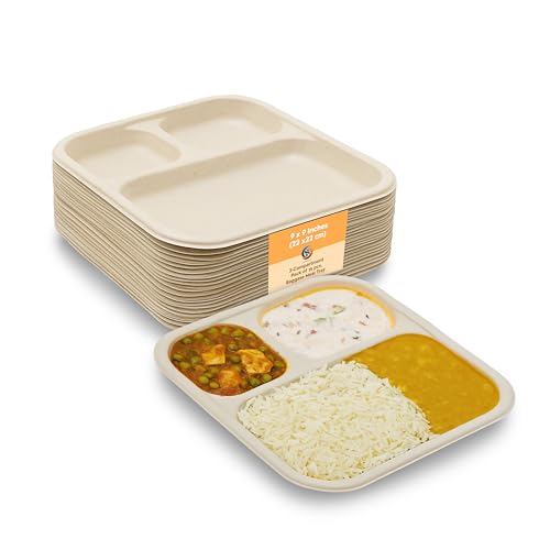 SANWALSA [3-Compartment, 15 Count, Beige Disposable Bagasse Plates | Eco-Friendly Sugarcane Meal Tray for Wedding, Party, Picnic, Event | Mess-Free Sections - Image 1