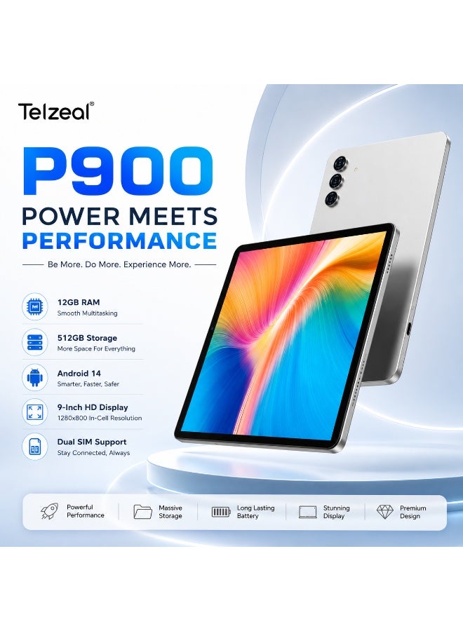 Telzeal تابلت تلزيل P900 بشاشة HD مقاس 9 بوصات، 12 جيجابايت RAM، 512 جيجابايت ROM، أندرويد 14، شريحتين، بطارية 5000 مللي أمبير، تابلت واي فاي مع لوحة مفاتيح، فأرة وقلم – رمادي - Image 2