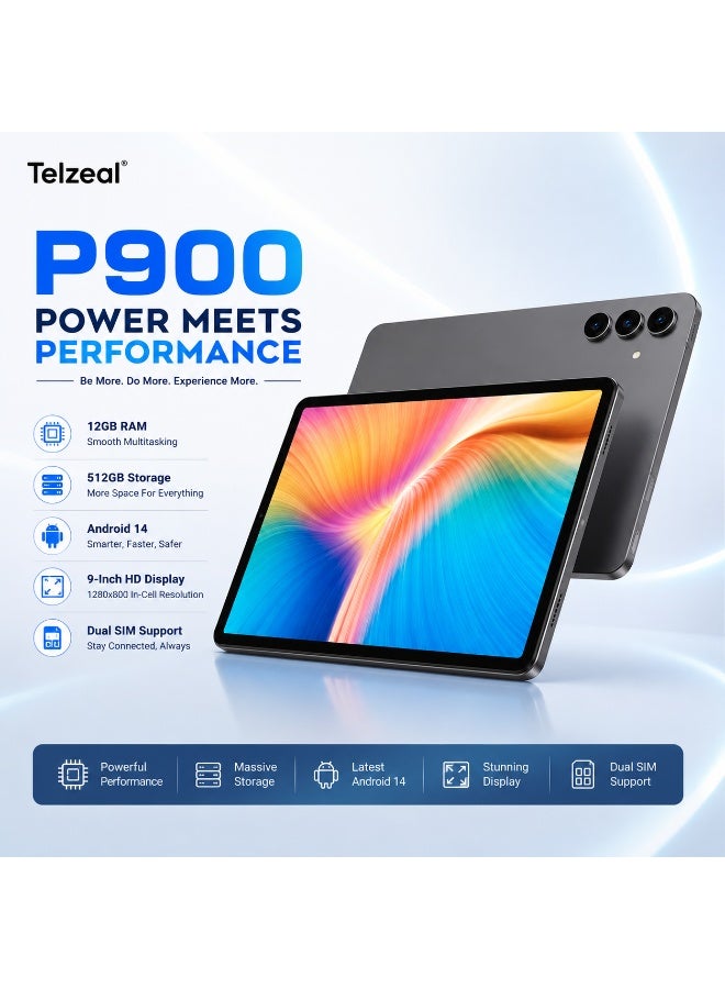 Telzeal تابلت تلزيل P900 بشاشة HD مقاس 9 بوصات، 12 جيجابايت RAM، 512 جيجابايت ROM، أندرويد 14، شريحتين، بطارية 5000 مللي أمبير، تابلت واي فاي مع لوحة مفاتيح، فأرة وقلم – رمادي - Image 3