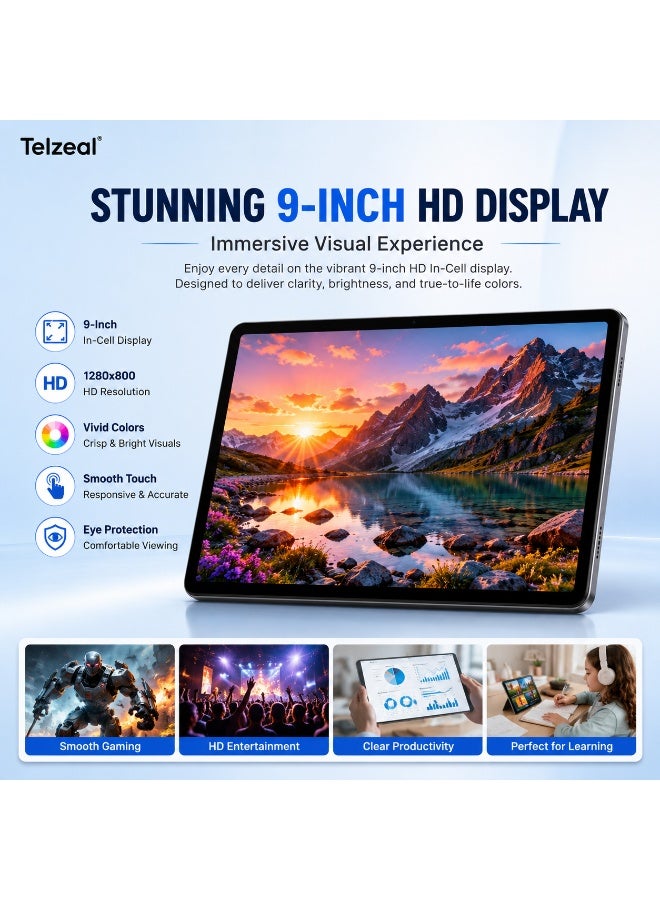 Telzeal تابلت تلزيل P900 بشاشة HD مقاس 9 بوصات، 12 جيجابايت RAM، 512 جيجابايت ROM، أندرويد 14، شريحتين، بطارية 5000 مللي أمبير، تابلت واي فاي مع لوحة مفاتيح، فأرة وقلم – رمادي - Image 4