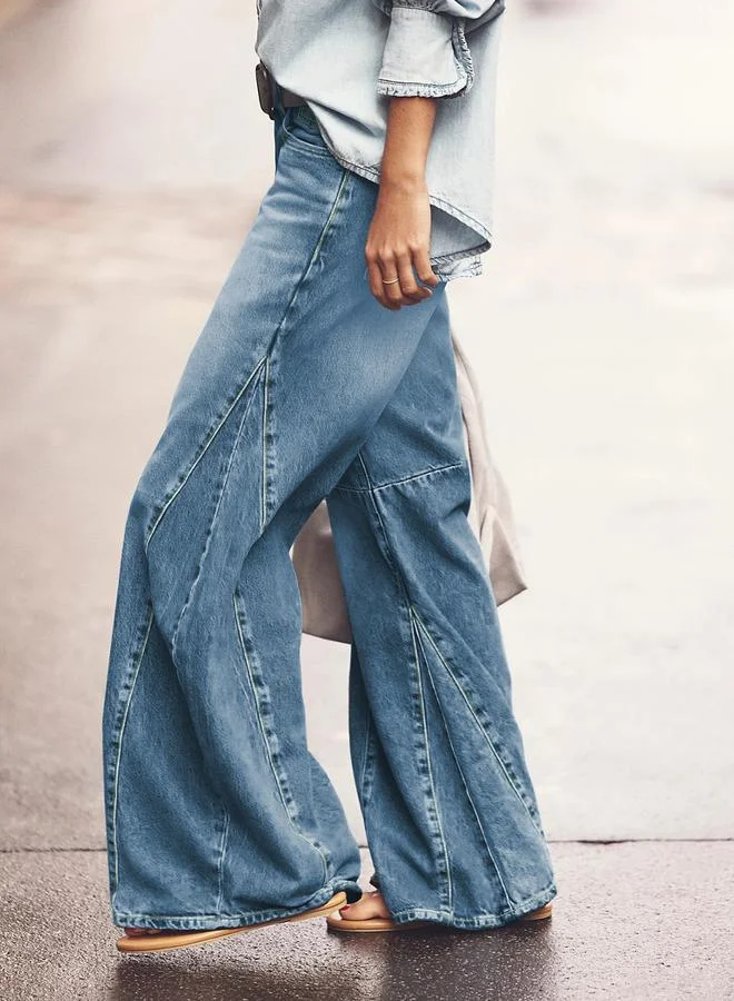 Take Two Blue Take Two High Rise Wide Palazzo Leg Faded Jeans for Women | Best Price UAE