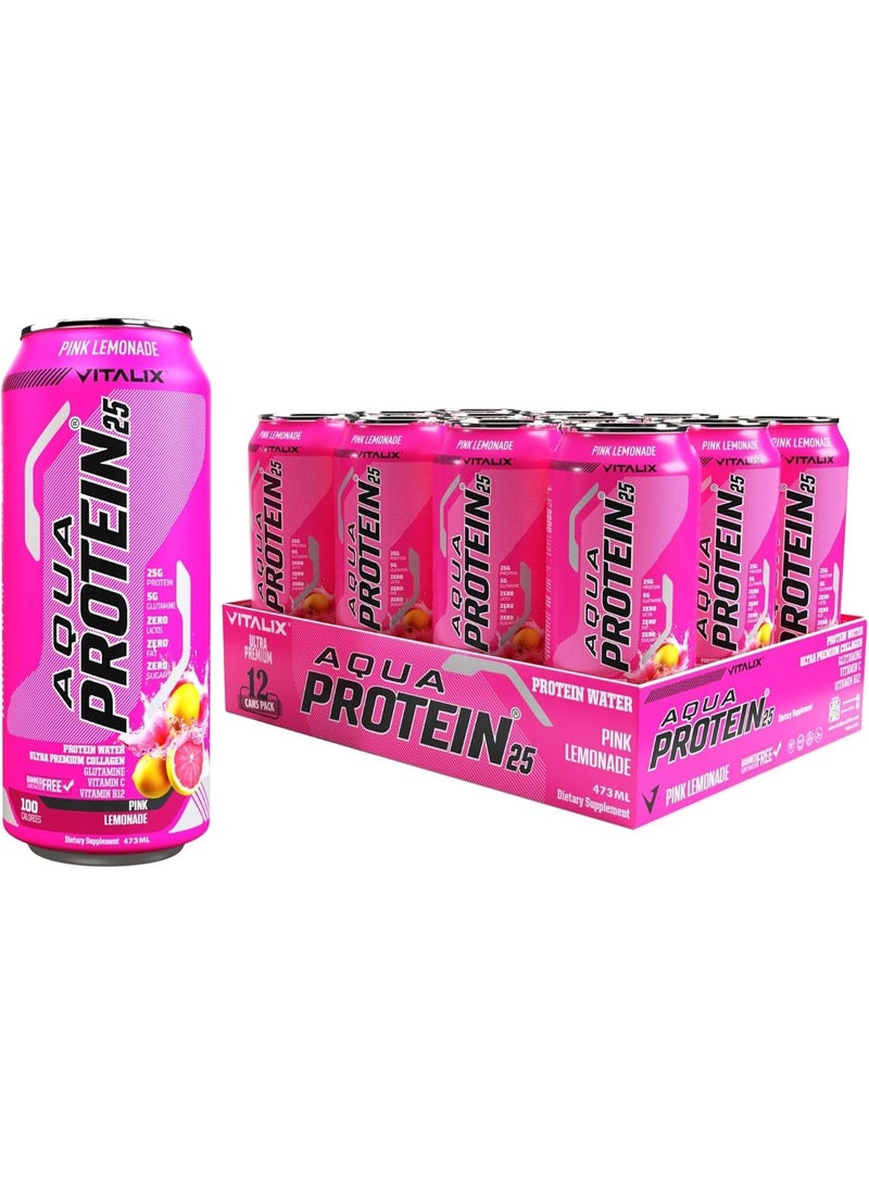 Vitalix Aqua Protein 25 Pink Lemonade 473ml Pack of 12 – Collagen Protein Water with Glutamine & Vitamins, Zero Sugar & Fat - Image 1