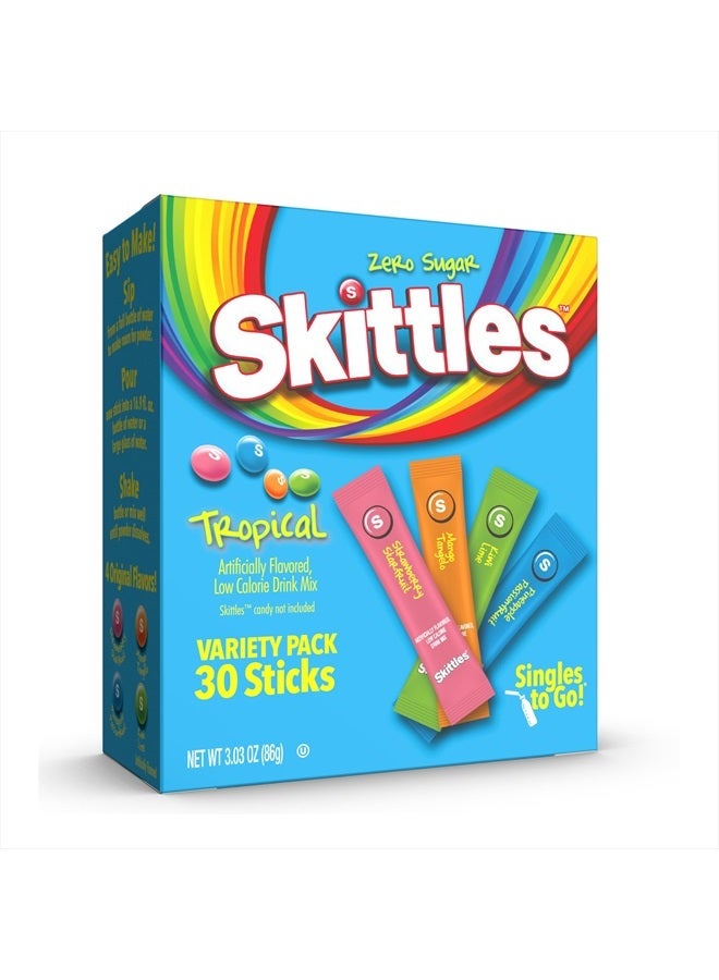 SINGLES TO GO! Skittles Singles To Go Tropical Variety Pack, Watertok Powdered Drink Mix, Includes 4 Flavors, Strawberry Starfruit, Mango Tangelo, Kiwi Lime, Pineapple Passionfruit, 1 Box (30 Servings) - Image 1
