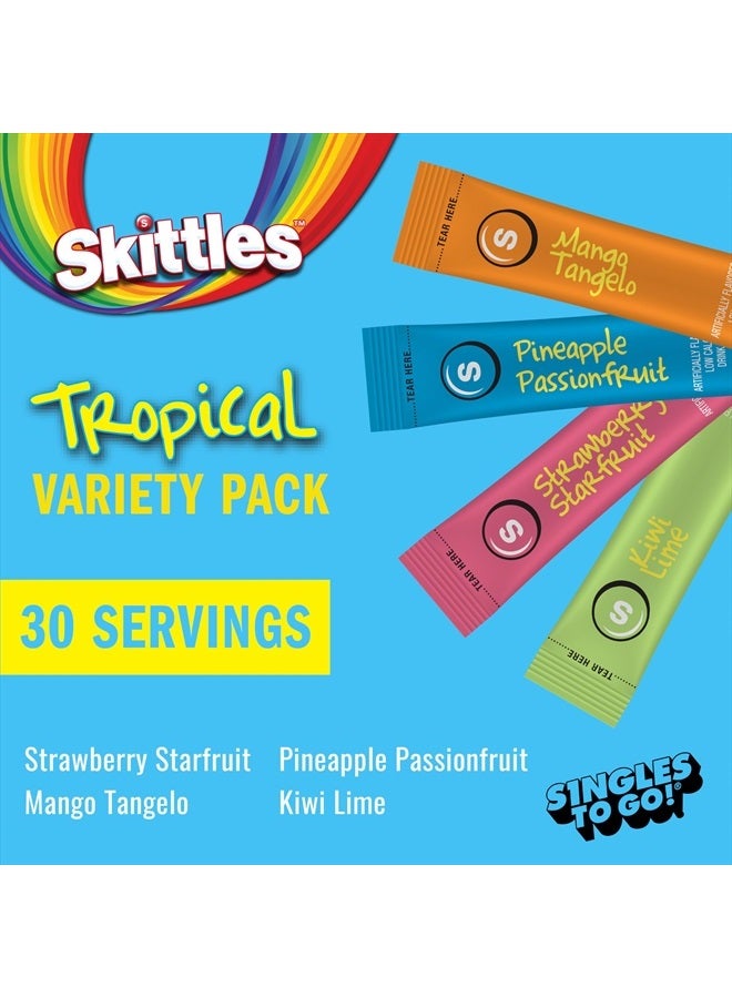 SINGLES TO GO! Skittles Singles To Go Tropical Variety Pack, Watertok Powdered Drink Mix, Includes 4 Flavors, Strawberry Starfruit, Mango Tangelo, Kiwi Lime, Pineapple Passionfruit, 1 Box (30 Servings) - Image 2