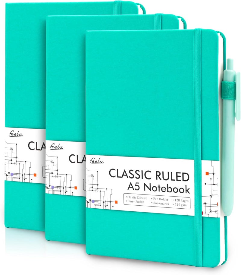 Feela 3 Pack Notebooks Journals Bulk, Hardcover Notebook Classic Ruled Lined Journals with Pen Holder for Women Girls School Business Supplies, with 3 Black Pens, 120 GSM, 5.1”x8.3”, A5, Aqua - Image 1