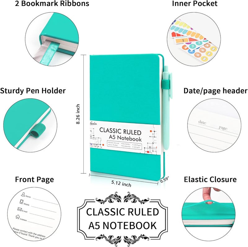 Feela 3 Pack Notebooks Journals Bulk, Hardcover Notebook Classic Ruled Lined Journals with Pen Holder for Women Girls School Business Supplies, with 3 Black Pens, 120 GSM, 5.1”x8.3”, A5, Aqua - Image 2