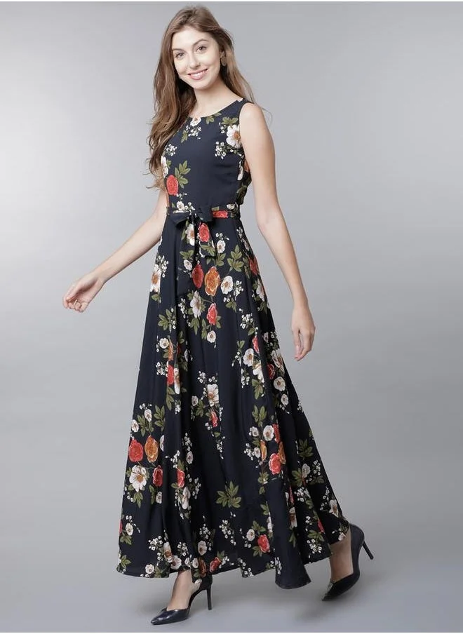 Tokyo Talkies All-Over Floral Print Sleeveless Maxi Dress with Waist Tie Detail by Styli