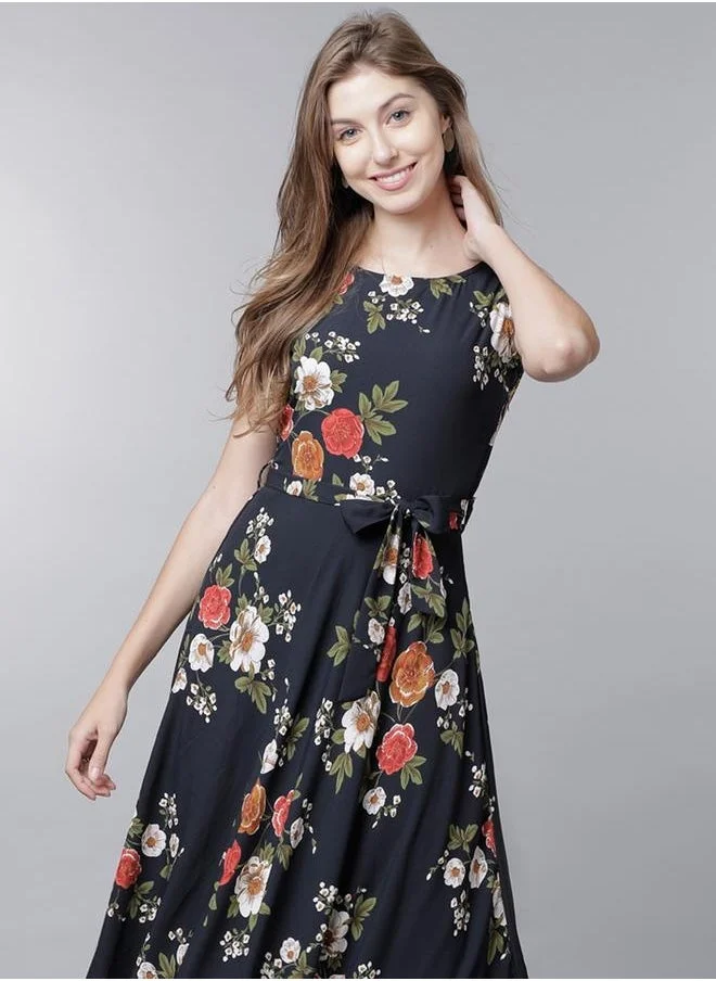 Tokyo Talkies All-Over Floral Print Sleeveless Maxi Dress with Waist Tie Detail by Styli