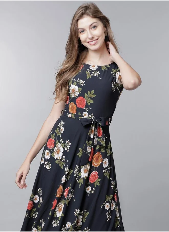 Tokyo Talkies All-Over Floral Print Sleeveless Maxi Dress with Waist Tie Detail