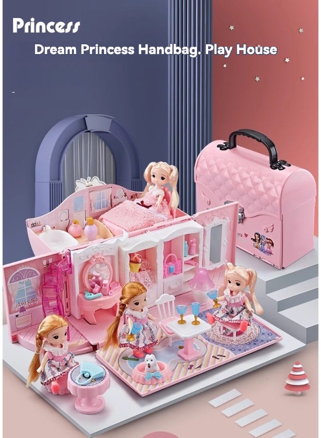 SHABILI Light-Up Princess Dollhouse Playset – 2-Story Suitcase Doll House for Girls with Furniture, Dolls, LED Lights & Pets – DIY Toy Castle – Birthday Gift – Button Battery Included - Image 1
