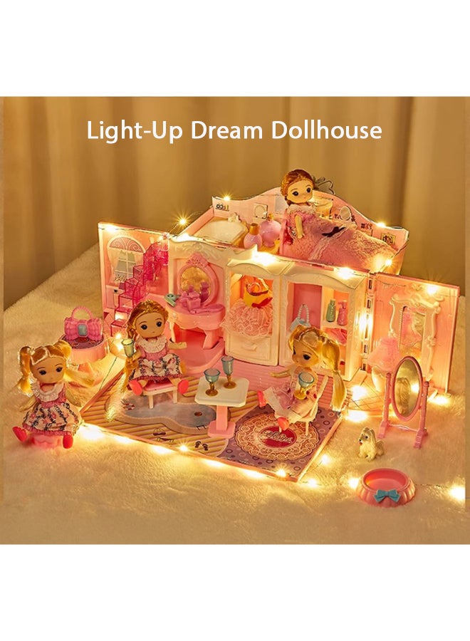 SHABILI Light-Up Princess Dollhouse Playset – 2-Story Suitcase Doll House for Girls with Furniture, Dolls, LED Lights & Pets – DIY Toy Castle – Birthday Gift – Button Battery Included - Image 2