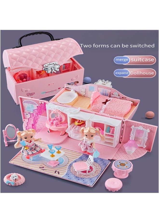 SHABILI Light-Up Princess Dollhouse Playset – 2-Story Suitcase Doll House for Girls with Furniture, Dolls, LED Lights & Pets – DIY Toy Castle – Birthday Gift – Button Battery Included - Image 3