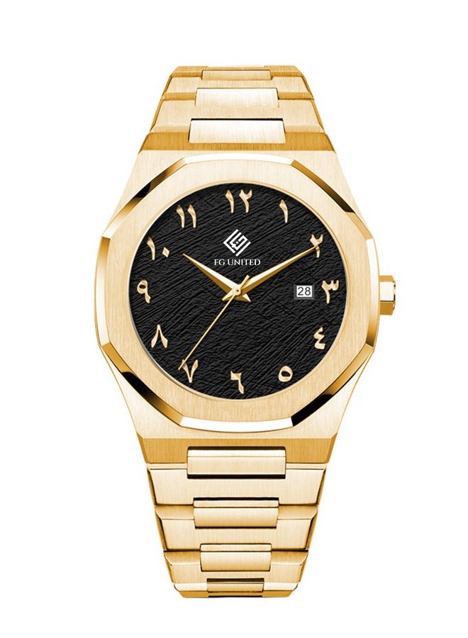FG UNITED ساعة رجالية بتصميم رفيع بلون الذهب مع قرص أسود وأرقام عربية من الفولاذ المقاوم للصدأ 41 مم - FG7005