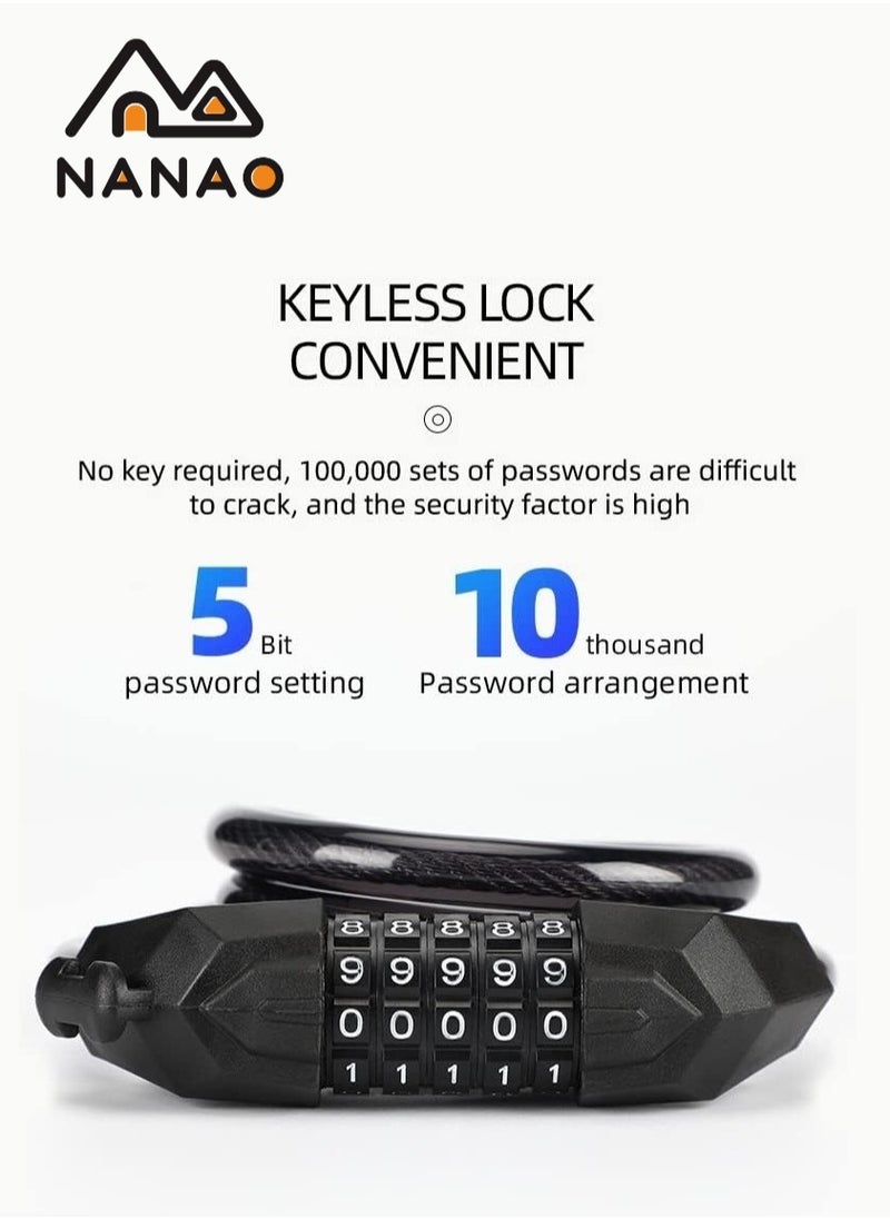 NANAO - Bike Lock, 5-Digit bicycle lock password bike lock anti-theft cable lock Coded Combination Lock, for Bicycle Stroller Scooter Electric Cycle Outdoor, 1.2M (4 Feet) - Image 1